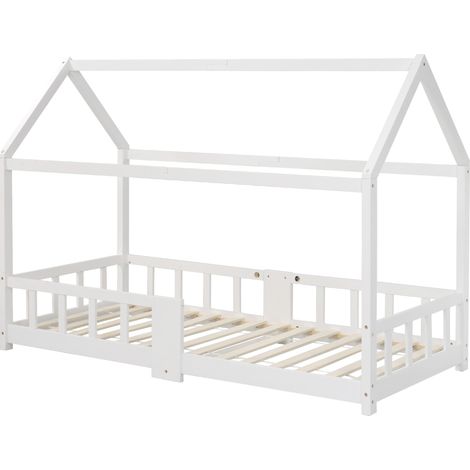 Cama cabaña infantil 90 x 200 cm blanca con pizarra, barreras y somier de láminas (1/5)