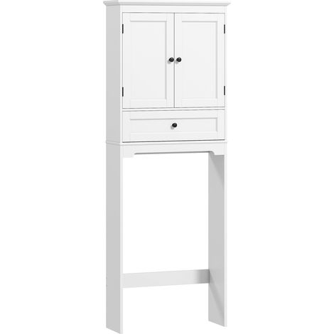 Meuble WC rangement dessus de toilette - Blanc - 2 portes, tiroir et étagère réglable - Meuble de toilettes pratique - Pour salle de bain buanderie - Design compact gain de place (1/5)
