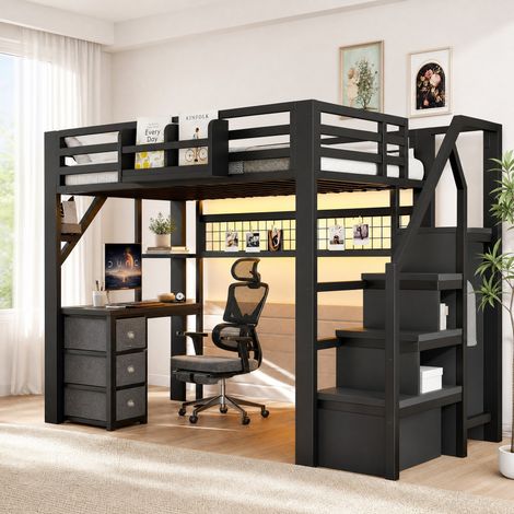 Hochbett mit Schreibtisch, 140 x 200 cm, Metall, LED, schwarz HAVRYA (1/5)