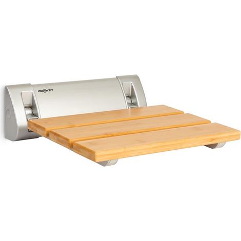 Siège de douche pliable 160kg – Surface en bambou naturel – Châssis aluminium résistant à l'humidité – Hauteur d'assise réglable – Oneconcept (1/5)
