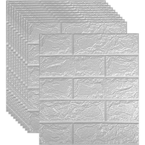 Plaques murales 3D autocollantes effet briques 38,5×35 cm – Lot de 10 – Stickers muraux pour salon, chambre, TV ou café – Gris argent (1/5)