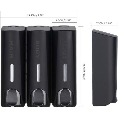 Distributeur mural noir mat pour gel douche, shampoing et après-shampooing - Lot de 3 porte-savon fixés au mur, accessoire de salle de bain robuste et élégant. (1/4)