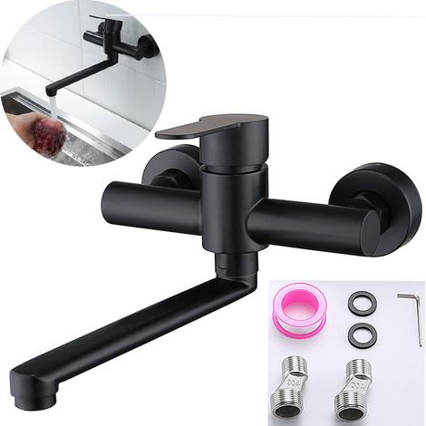 Robinet de baignoire, robinet de cuisine, robinet de lavabo, acier inoxydable, noir, 27 x 12 cm, fixation murale (1/5)