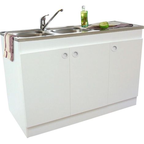 Meuble sous-évier dépliable 3 portes blanc 1200x600mm – Côtés en PPSM 16mm – Charnières invisibles à rappel automatique – Hauteur réglable 822mm – Nova