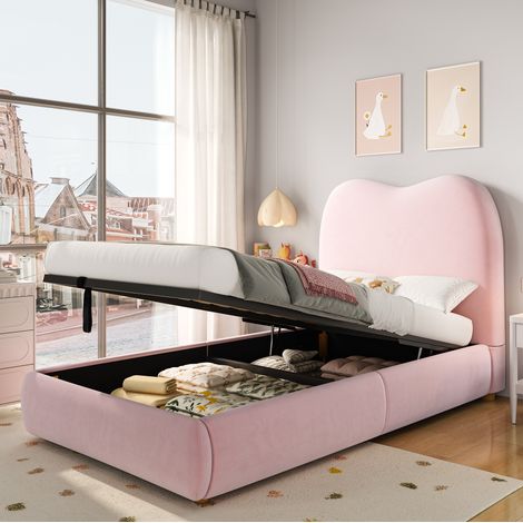 lit enfant coffre rangement hydraulique velours rose HAVRYA (1/5)