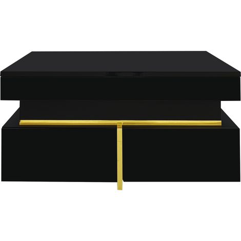 Tavolino da caffè nero lucido 70x70 cm con 2 cassetti e dettagli dorati (1/5)
