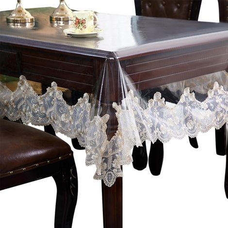 PVC Tischdecke Champagner-Floral mit Spitzenbesatz, 150x220 cm, rechteckig