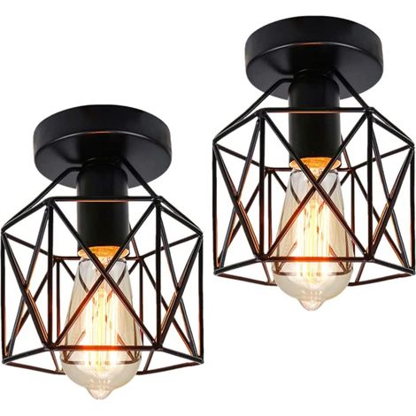 Plafonnier industriel vintage rétro lustre abat-jour en métal douille E27 suspension éclairage de plafond chambre cuisine couloir - 2pcs Noir (1/5)