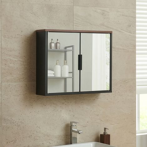 Mobiletto da Parete Trond con 2 Ante a Specchio Armadietto Pensile da Bagno 50 x 60 x 15 cm - Nero/Effetto Noce [en.casa] (1/5)