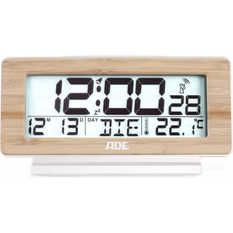 Reloj despertador electrónico ADE con calendario y termómetro, 12,5 x 4 x 8,5 cm, marco de bambú.