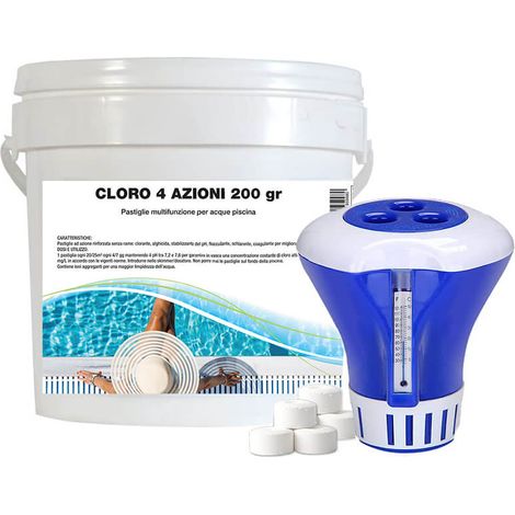 Cloro 4 azioni a Pastiglie per piscina (10 KG: 50 Pastiglie da 200 gr ) con DOSATORE GALLEGGIANTE - Cloro a lenta dissoluzione (1/5)