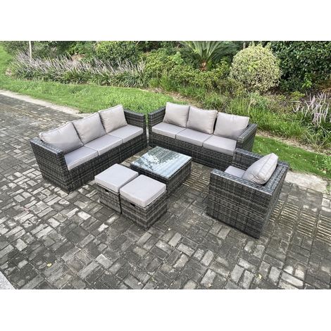 Fimous Rattan Garden Furniture Sofa Set with Armchair Square Coffee Table 2 Small Footstools Indoor Side Table Outdoor 9 Seater Rattan Set Dark Grey Mixed (1/5)