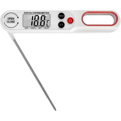 Lebensmittelthermometer – Fleischthermometer – Küchenthermometer – mit großem LCD-Display und klappbarer Sonde – Weiß