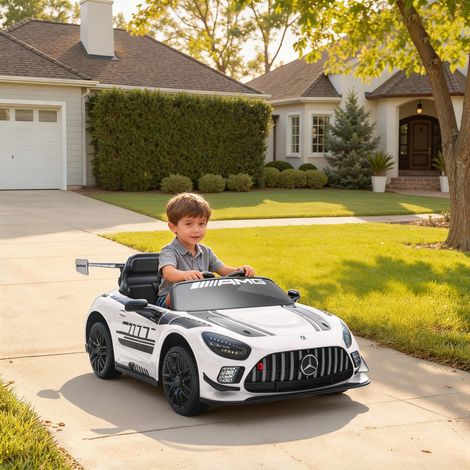 Voiture électrique Mercedes pour enfants, batterie 12V, phares LED, fonction musicale, klaxon, 3-8 ans, blanche
