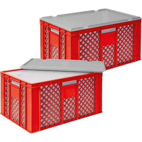 BRB Set, 2x 31,6 Liter Thermobox aus EPS in Eurobox durchbrochen 600x400x320, rot, mit Deckel grau (1/3)