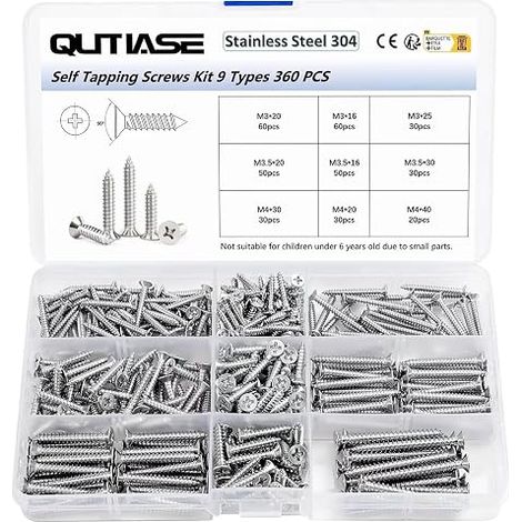 Vis à Bois Autotaraudeuses, Vis à Bois Inox Tête Fraisée Cruciforme, M3 M3,5 M4 Filetage Complet, 16/20/25/30/40 mm Acier Inoxydable 304