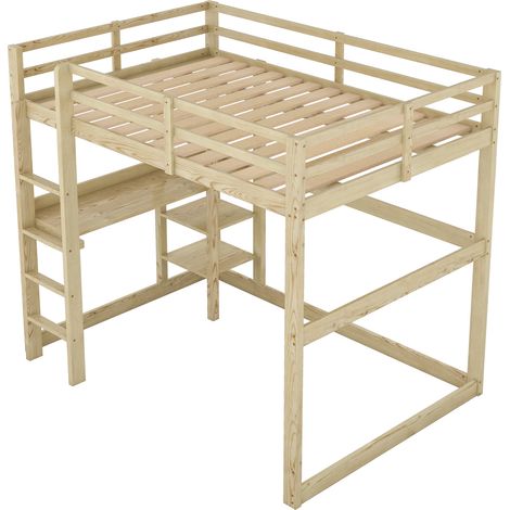 Cama alta infantil con escritorio y almacenamiento 140 x 200 cm en pino natural (1/5)