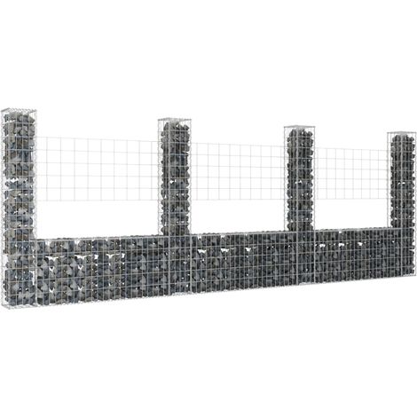 Panier de gabion Mur en gabion Clôture de gabion en forme de U avec 4 poteaux Fer 380x20x150 cm 75091 (1/5)