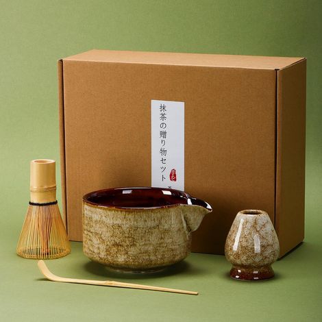 Ensemble à thé matcha 4 pièces en céramique, bols à matcha japonais, fouet à matcha (Chasen), cuillère (Chashaku), support pour fouet (marron) (1/5)