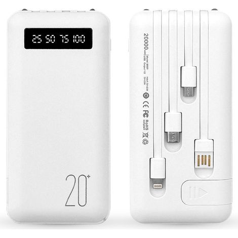 Power Bank 20000mAh con 4 cables USB integrados.  Color: Blanco