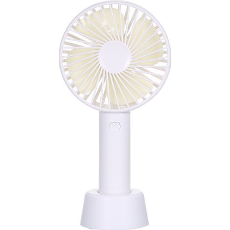 Mini ventilatore portatile con supporto, alimentato tramite USB, 3 velocità, bianco, ideale per attività al chiuso e all'aperto.