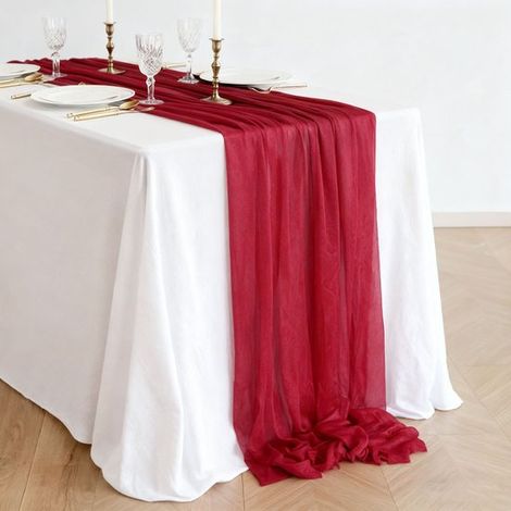 Due runner da tavola in chiffon, decorazione da tavola in stile boho per matrimoni, 75 x 300 cm, rosso bordeaux (1/5)