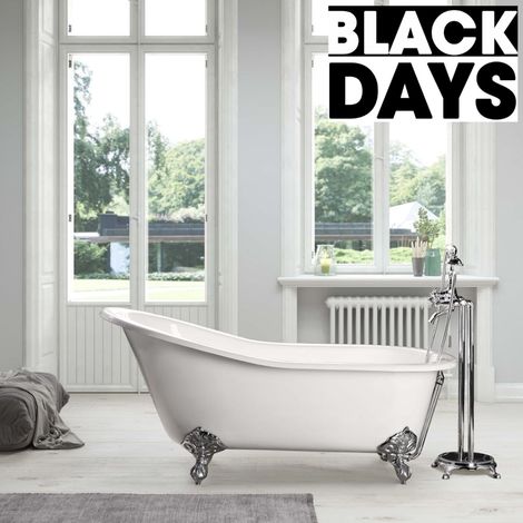 Baignoire sur pieds en fonte petite taille ASHFORD Blanche 138 cm Pieds chromés