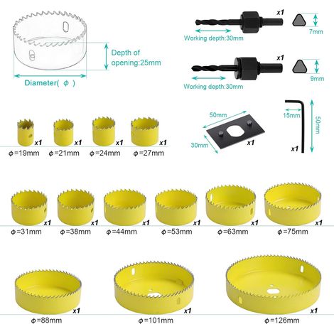 Lot de 16 scies cloches en acier au carbone de 19 à 127 mm pour bois, plaques de plâtre, plastique MOONSTARS (1/4)