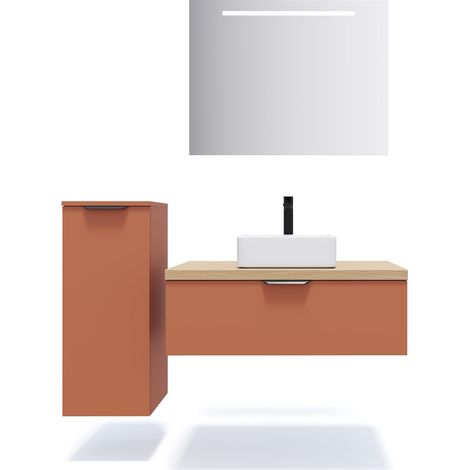 Meuble de salle de bain suspendu vasque à poser 90cm 1 tiroir Terracotta + miroir + colonne ouverture gauche - Soho (1/5)