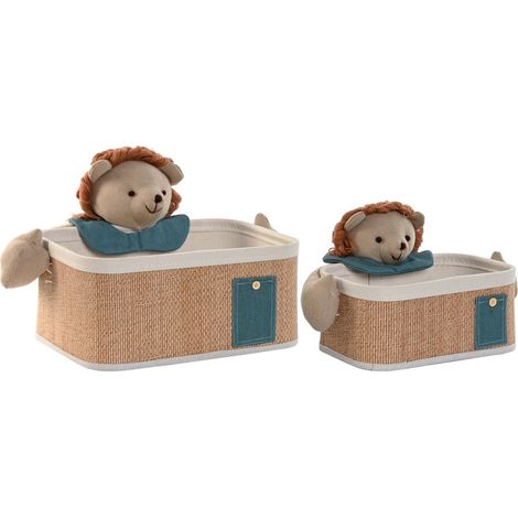 Panier de rangement bébé coton naturel vert avec peluche lion - Naturel beige vert et marron (1/4)