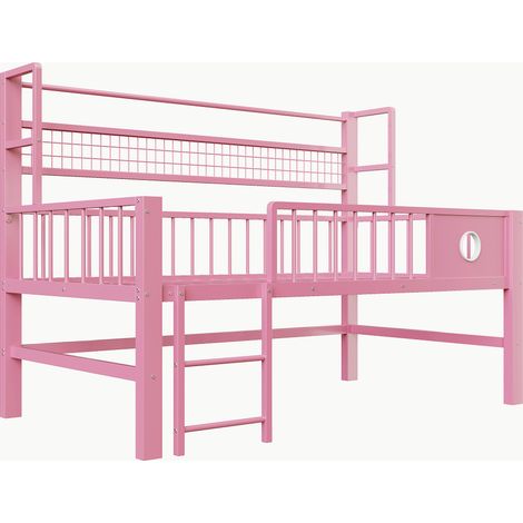 Lit mezzanine bas enfant 90 x 200 cm en métal avec rangements, rose (1/5)