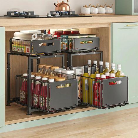 Under Sink Organiser Set of 2 Drawer Kitchen Bath Set of 2, Adjustable Height 41-49cm, 15kg/Shelf, 3/4 Drawer, Carbon Steel, Non-Slip Feet, Cupboard (1/5)