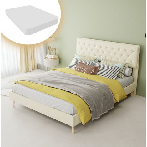 Bett modern aus Samt Beige 140x200 cm mit hohem gepolstertem Kopfteil und Lattenrost, Matratze inklusive (1/5)