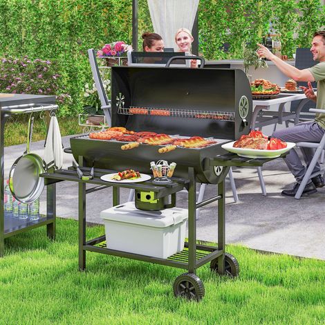 Barbecue charbon de bois avec tablette avant pliable, avec grille de cuisson, 2 roues, 114 x 65 x 95 cm, noir