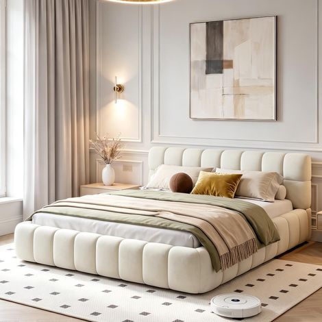 Lit rembourré 140x190 cm – Beige – Tissu lin – Tête de lit rembourrée – Cadre lattes – Style moderne – Structure panneaux