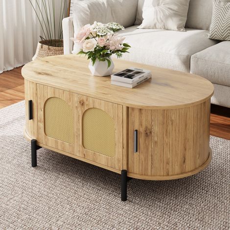 Tavolino da salotto ovale 100x50x40 cm naturale in MDF con ante in rattan e porte scorrevoli (1/5)