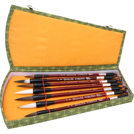 Pinceau de calligraphie 7 pièces, poil de belette, manche en bois, ensemble traditionnel chinois avec coffret cadeau (1/5)