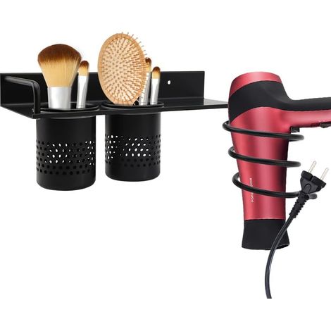 Soporte de pared adhesivo de aluminio para secador de pelo, soporte para secador de baño, soporte para secador y plancha con clips para cable y soporte de almacenamiento, color negro.