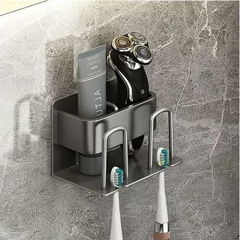 Porte Brosse à Dents Mural sans Perçage, Support de Brosse à Dents électrique, Porte Brosse à Dents Adhésif avec 2 Tasses Support + 2 Fentes Têtes de Brosses à Dents Étagère (1/5)