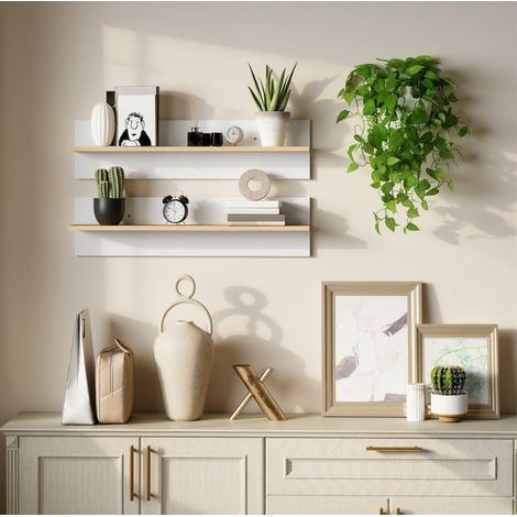 Wandregal 2er-Set, Schweberegal 80 x 16,5 x 20 cm, Weiß/Naturholz OKMYHOME (1/5)