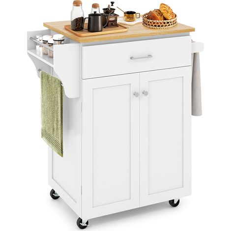 Desserte de Cuisine à Roulettes avec Tiroir, Armoire de Rangement, Support à Épices et Barres à Serviettes, Étagère Réglable, 83 x 48 x 91 cm, Blanc (1/5)