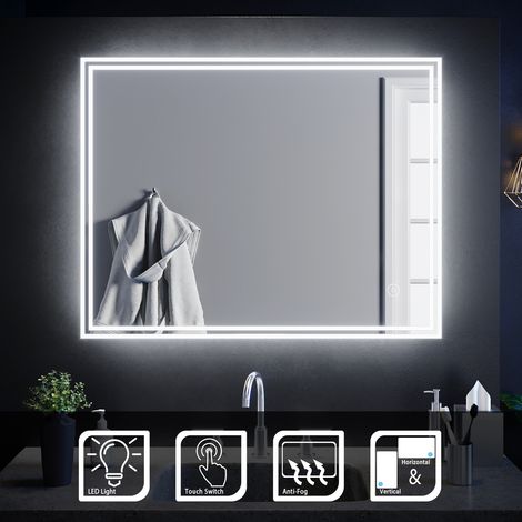 ELEGANT 900 x 700 mm Modern Design Illuminated Bathroom LED Mirror Anti-Fog Demister Heated Pad/ Touch sensor switch/ Aluminum alloy frame/ 4mm HD Sliver Mirror (1/5)