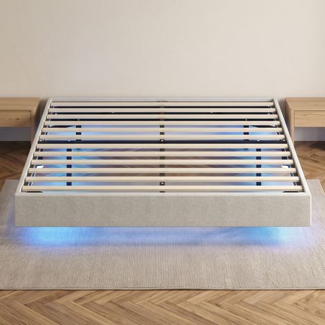 Lit Flottant 160 x 200 cm avec Éclairage LED Intelligent, Cadre de Lit Double Rembourré en Lin, Montage Facile, Beige (1/5)