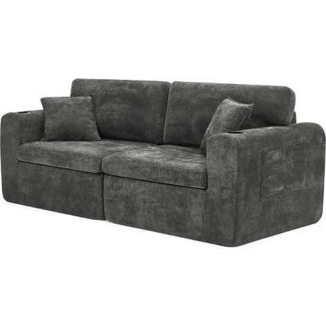 Canapé relax 2 places pour petits espaces, en tissu chenille doux, équipé d’une poche latérale pour magazines, d’un porte-gobelet et de coussins, adapté au salon, au bureau, à la chambre d’amis et aux (1/5)