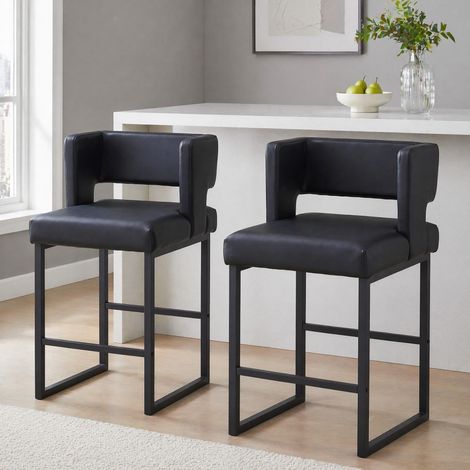 Lot de 2 tabourets de bar nordiques noirs, assise carrée, pieds en métal et revêtement PU (1/5)