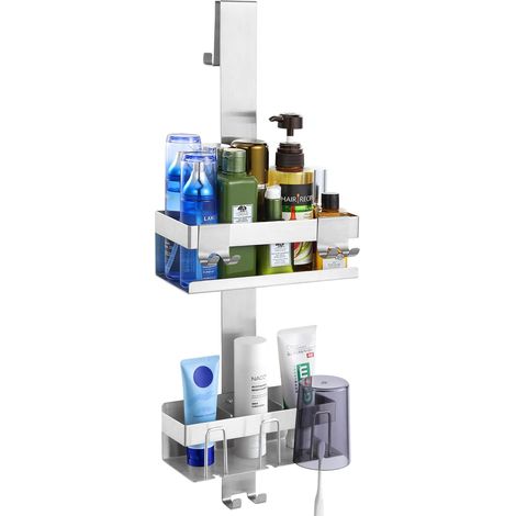 Étagère de Douche Salle de Bain, Support de Salle de Bain à Suspendre en Acier Inoxydable, Serviteur de Douche à 2 Couches avec Crochets, Étagère de Toilette sans Perçage Antirouille, Argent (1/5)