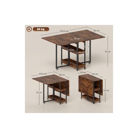 Table à manger pliante, table de cuisine pour 2-4 personnes avec 2 étagères ouvertes, table de salle à manger mobile, table pliante pour petits espaces, salle à manger, cuisine 133,4 x 80 x 75 cm, bru (1/5)