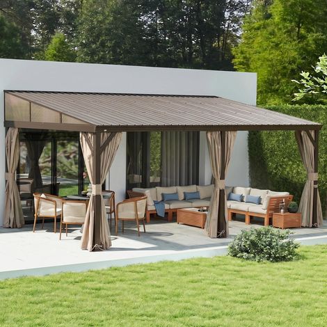 Wandpavillon 3,6x6,1m mit Hardtop, Aluminiumrahmen und Vorhängen, braun (1/5)