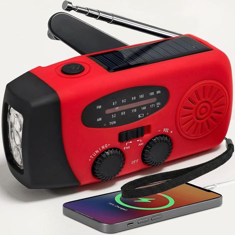 Radio Portable Urgence, Radio a Pile Rechargeable et Lampe Torche LED, Alarme SOS, Power Bank 2000mAh, Recharge par USB/Solaire/Dynamo, Radio AM/FM pour Randonnée, Camping et Kit de Survie, Rouge (1/5)