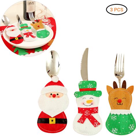 Lot de 3 couverts de Noël Père Noël Bonhomme de neige Élan, porte-couverts décoration festive (1/5)